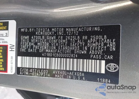2013 Toyota Avalon Hybrid Xle Touring z USA, uszkodzony, nr VIN 4T1BD1EB0DU002824